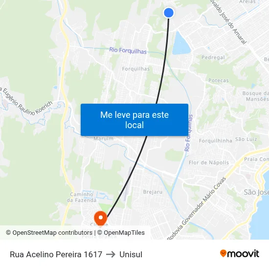 Rua Acelino Pereira 1617 to Unisul map