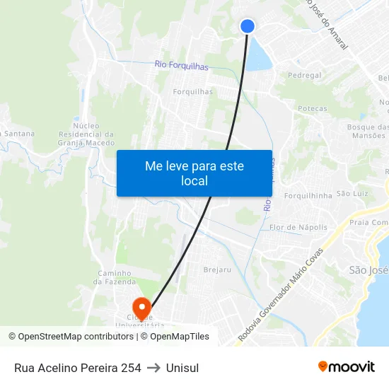 Rua Acelino Pereira 254 to Unisul map