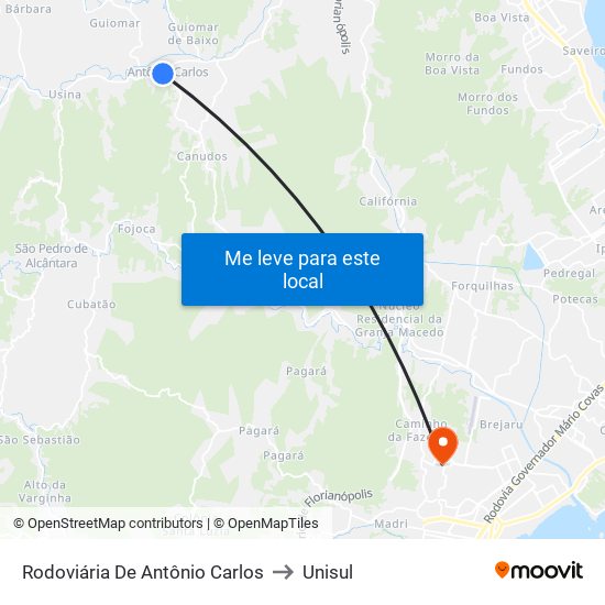 Rodoviária De Antônio Carlos to Unisul map