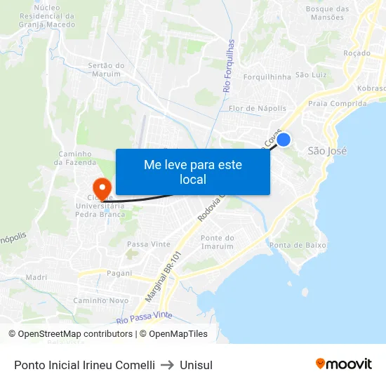 Ponto Inicial Irineu Comelli to Unisul map