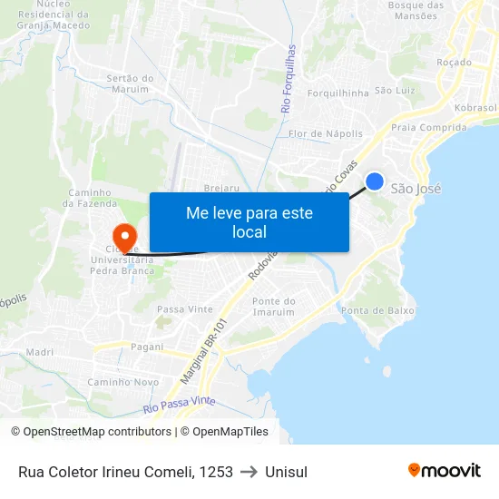 Rua Coletor Irineu Comeli, 1253 to Unisul map