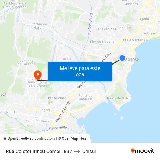 Rua Coletor Irineu Comeli, 837 to Unisul map