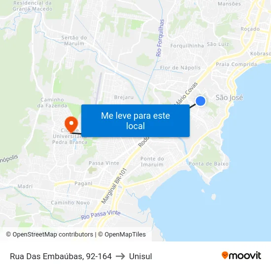 Rua Das Embaúbas, 92-164 to Unisul map