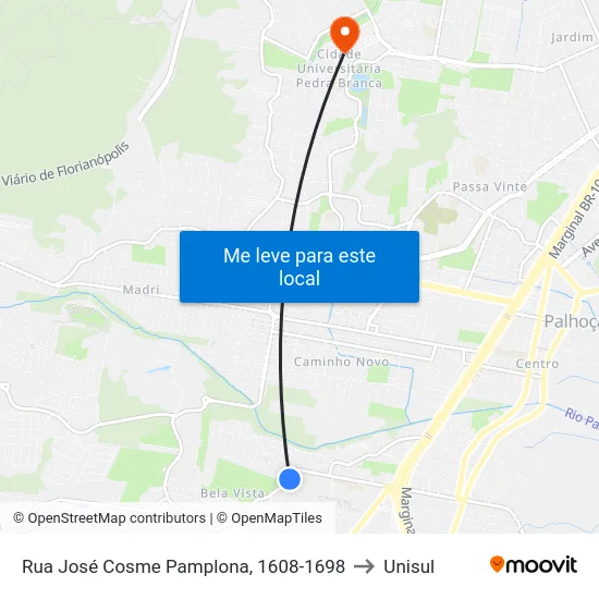 Rua José Cosme Pamplona, 1608-1698 to Unisul map