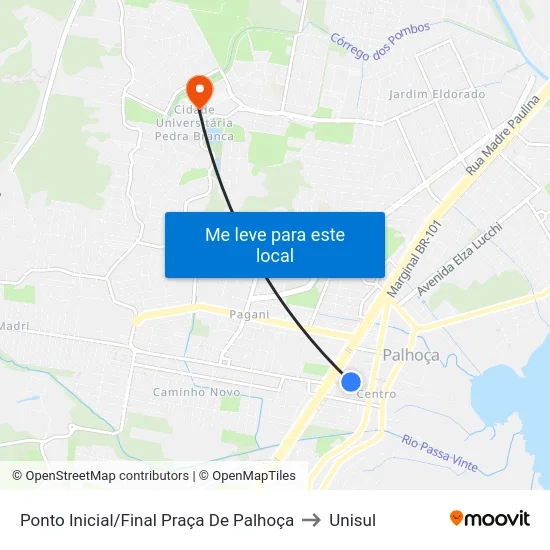 Ponto Inicial/Final Praça De Palhoça to Unisul map
