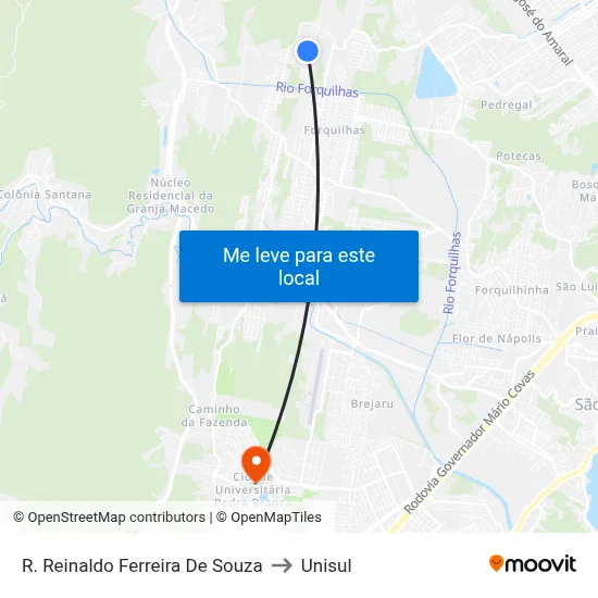 R. Reinaldo Ferreira De Souza to Unisul map