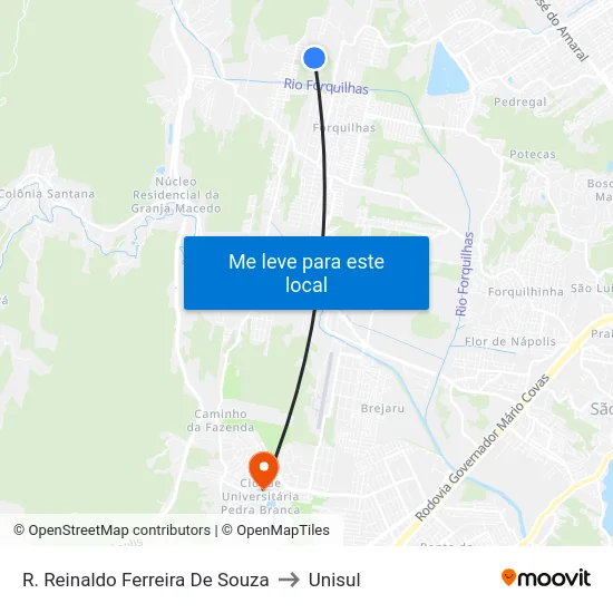 R. Reinaldo Ferreira De Souza to Unisul map