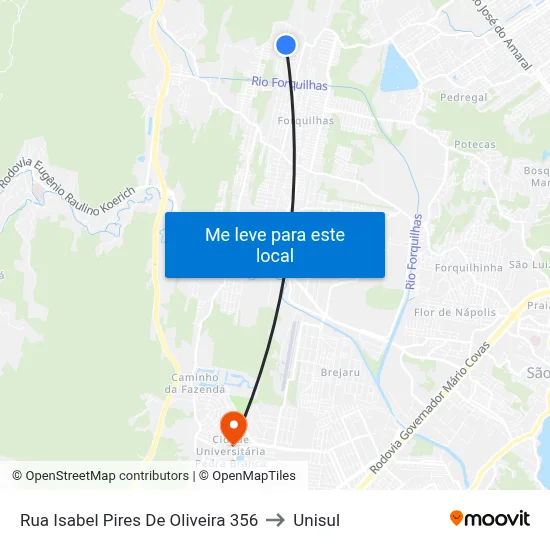 Rua Isabel Pires De Oliveira 356 to Unisul map