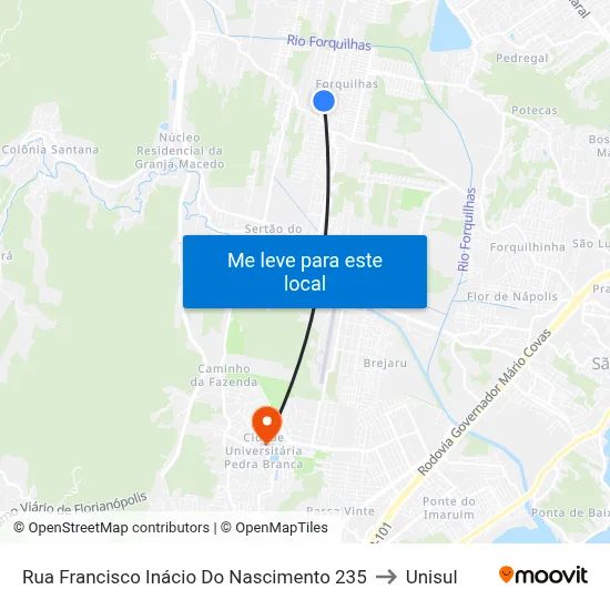 Rua Francisco Inácio Do Nascimento 235 to Unisul map