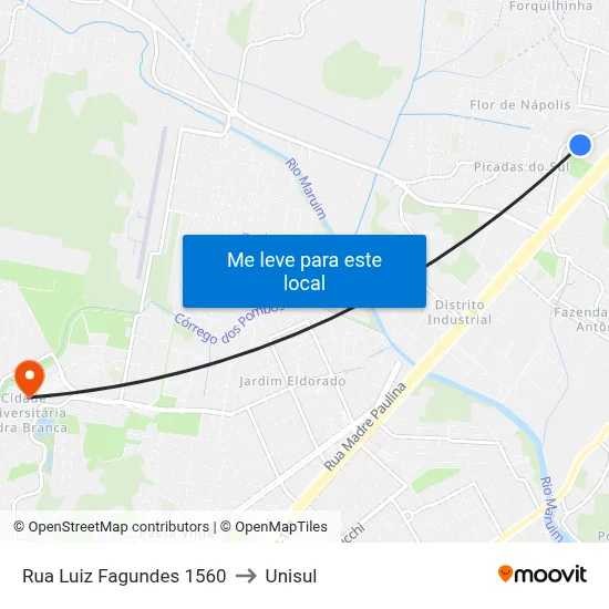 Rua Luiz Fagundes 1560 to Unisul map