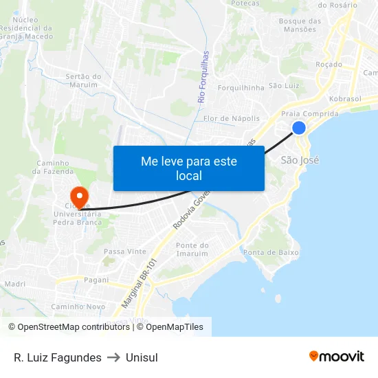 R. Luiz Fagundes to Unisul map
