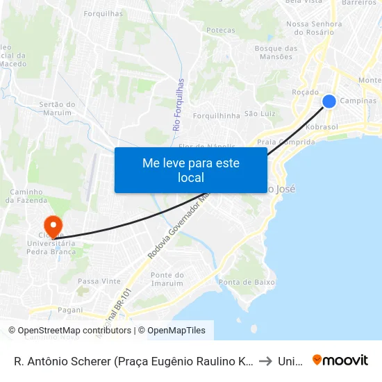 R. Antônio Scherer (Praça Eugênio Raulino Koerich) to Unisul map