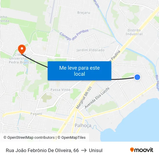 Rua João Febrônio De Oliveira, 66 to Unisul map