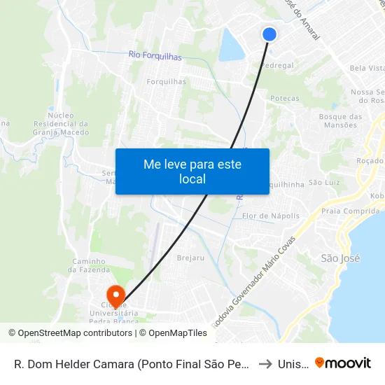 R. Dom Helder Camara (Ponto Final São Pedro) to Unisul map