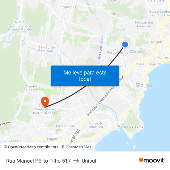 Rua Manoel Pôrto Filho 517 to Unisul map