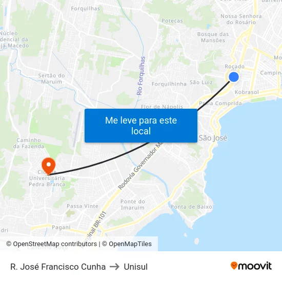 R. José Francisco Cunha to Unisul map