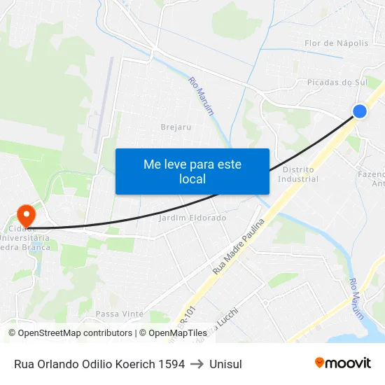 Rua Orlando Odilio Koerich 1594 to Unisul map
