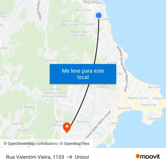 Rua Valentim Vieira, 1103 to Unisul map