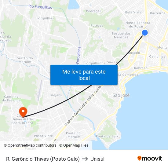 R. Gerôncio Thives (Posto Galo) to Unisul map