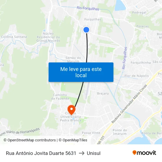 Rua Antônio Jovita Duarte 5631 to Unisul map