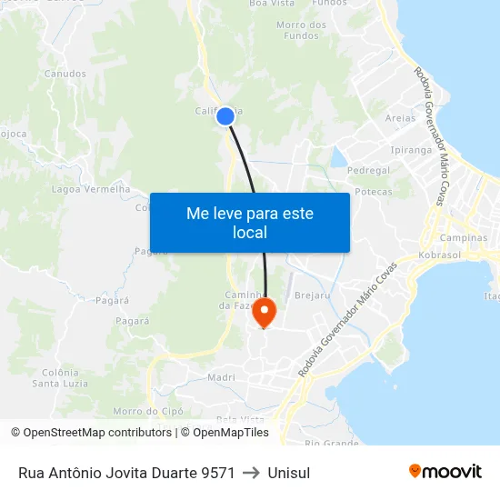 Rua Antônio Jovita Duarte 9571 to Unisul map