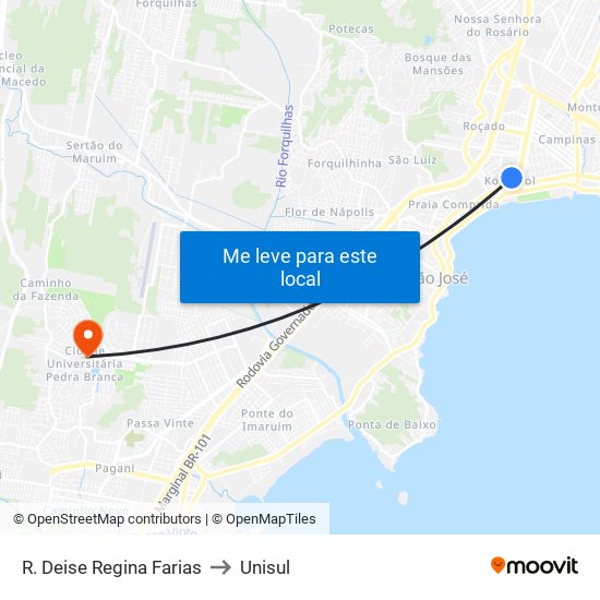 R. Deise Regina Farias to Unisul map