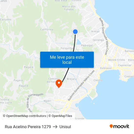 Rua Acelino Pereira 1279 to Unisul map