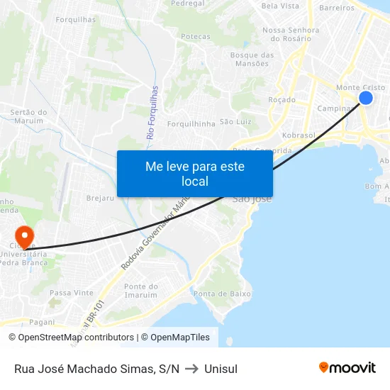 Rua José Machado Simas, S/N to Unisul map