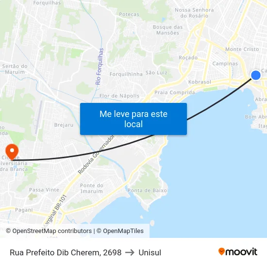 Rua Prefeito Dib Cherem, 2698 to Unisul map