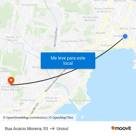 Rua Acácio Moreira, 93 to Unisul map