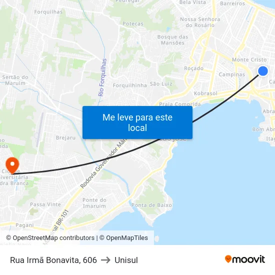 Rua Irmã Bonavita, 616 to Unisul map