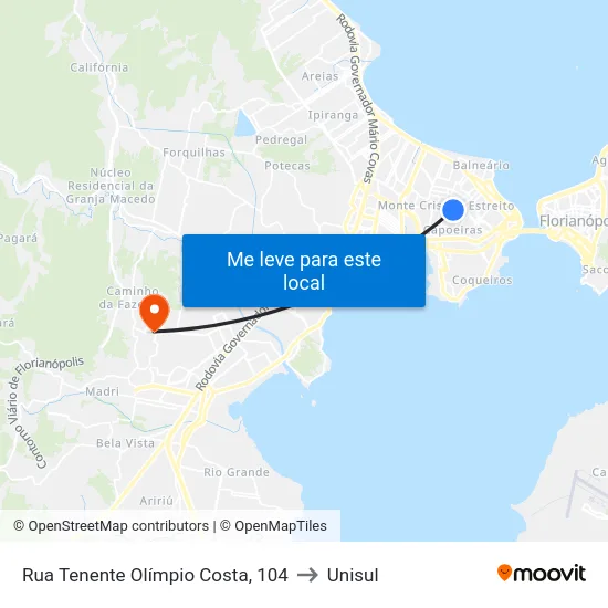 Rua Tenente Olímpio Costa, 104 to Unisul map