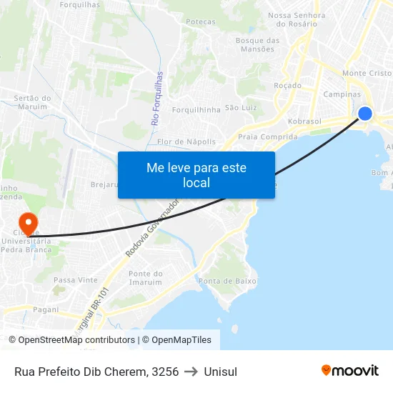 Rua Prefeito Dib Cherem, 3256 to Unisul map