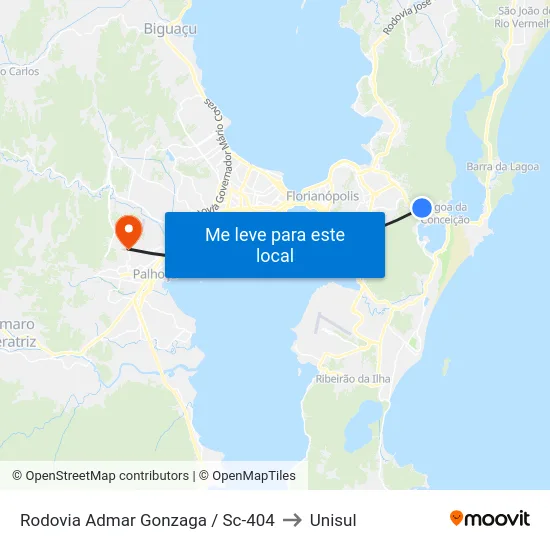 Rodovia Admar Gonzaga / Sc-404 to Unisul map