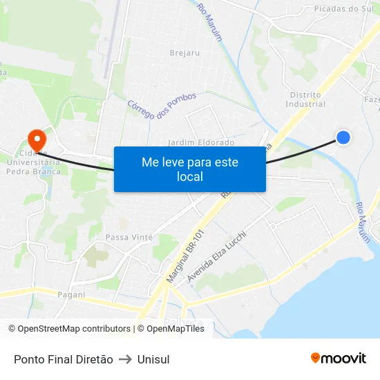 Ponto Final Diretão to Unisul map