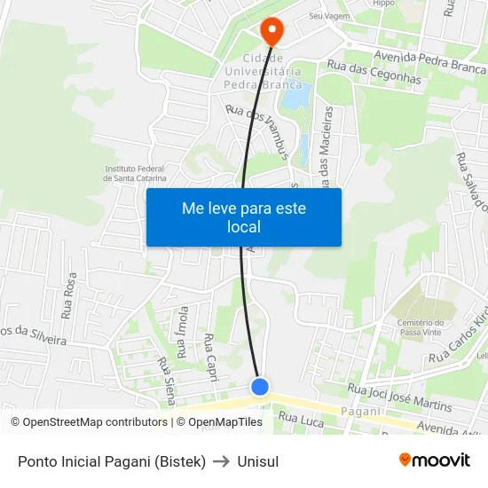 Ponto Inicial Pagani (Bistek) to Unisul map