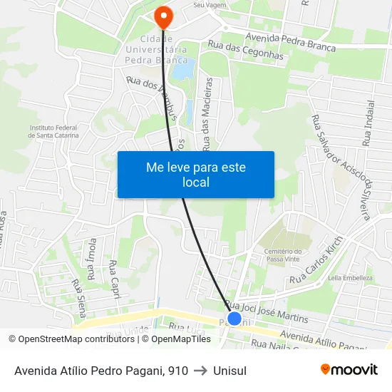 Avenida Atílio Pedro Pagani, 910 to Unisul map