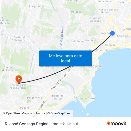 R. José Gonzaga Regina Lima to Unisul map