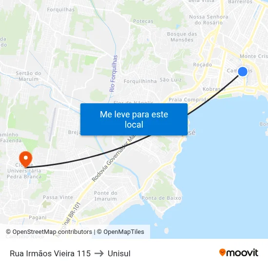 Rua Irmãos Vieira 115 to Unisul map