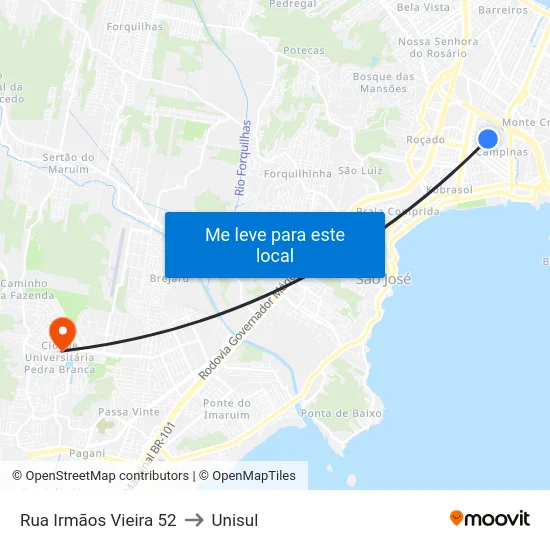 Rua Irmãos Vieira 52 to Unisul map
