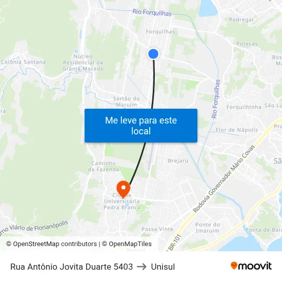 Rua Antônio Jovita Duarte 5403 to Unisul map