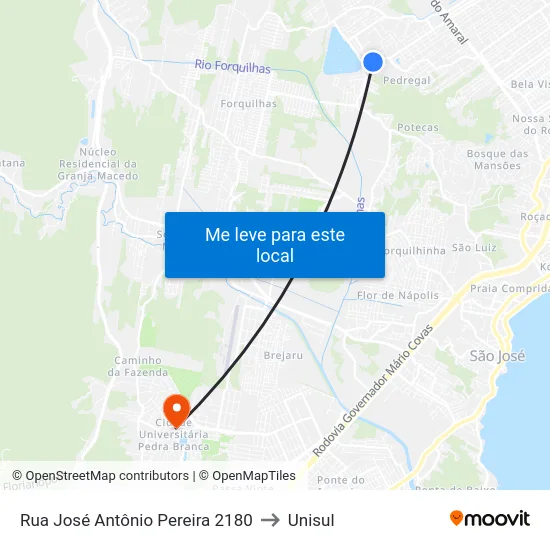 Rua José Antônio Pereira 2180 to Unisul map