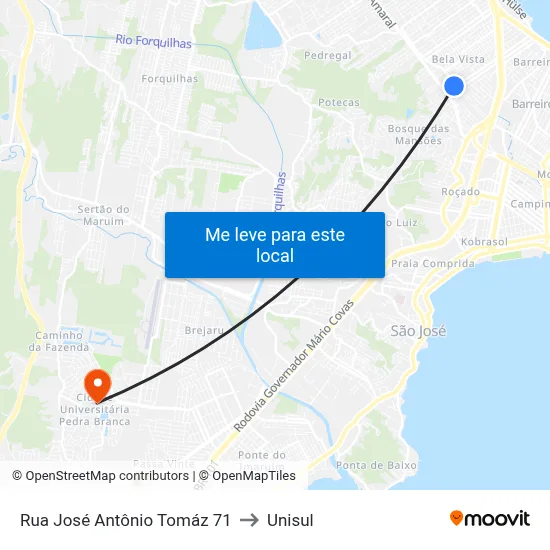 Rua José Antônio Tomáz 71 to Unisul map