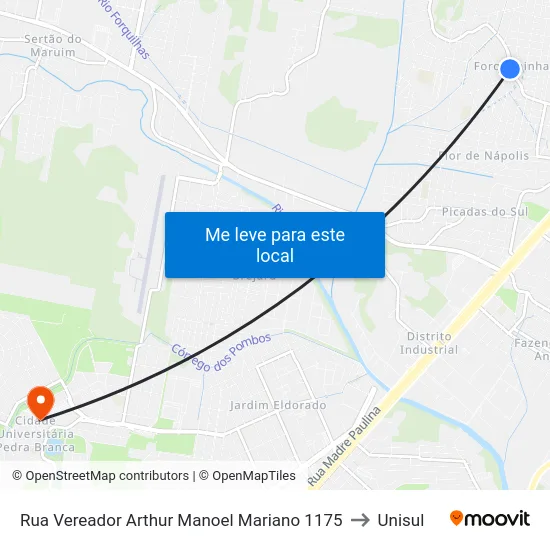 Rua Vereador Arthur Manoel Mariano 1175 to Unisul map