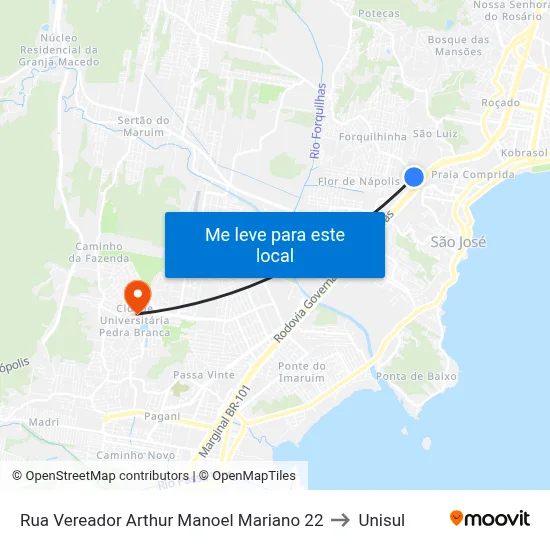 Rua Vereador Arthur Manoel Mariano 22 to Unisul map
