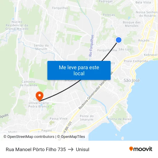 Rua Manoel Pôrto Filho 735 to Unisul map