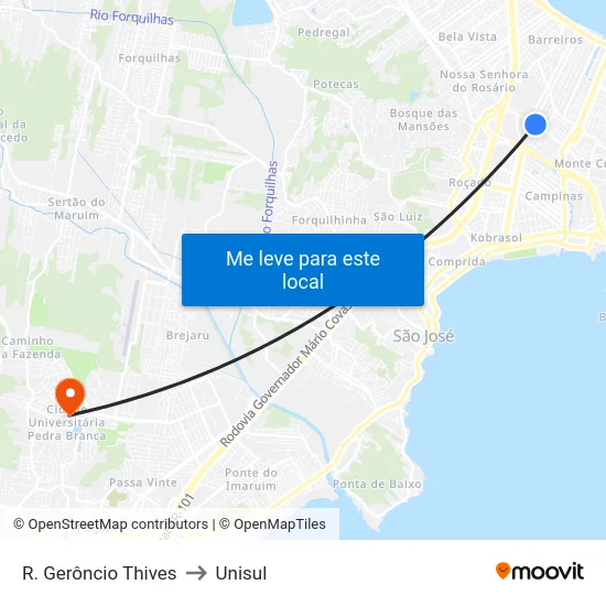 R. Gerôncio Thives to Unisul map