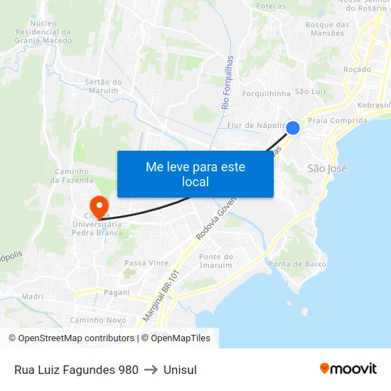 Rua Luiz Fagundes 980 to Unisul map
