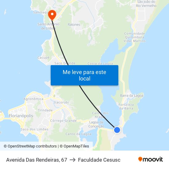 Avenida Das Rendeiras, 67 to Faculdade Cesusc map