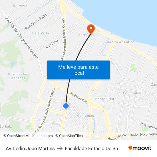 Av. Lédio João Martins to Faculdade Estácio De Sá map